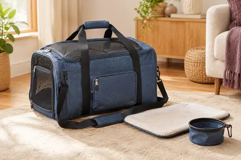 Sac de transport souple bleu denim pour chat, avec panneaux en maille, bandoulière et tapis amovible