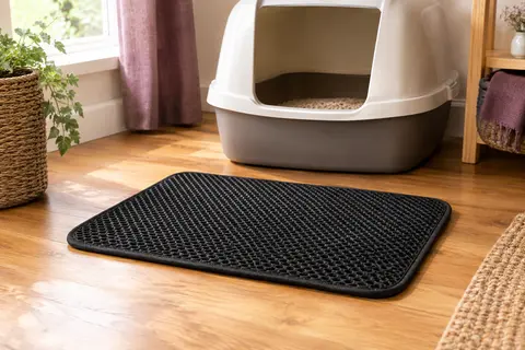 Tapis de litière noir à deux couches alvéolées posé devant un bac dans un intérieur chaleureux.