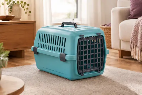 Panier de transport rigide bleu turquoise pour chat, avec porte frontale et grilles d’aération latérales