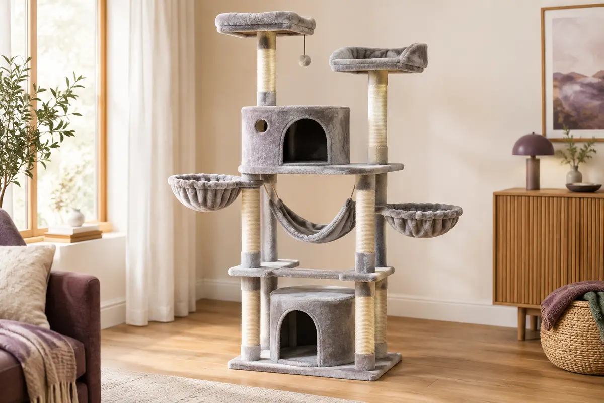 Arbre à chat gris clair à plusieurs niveaux avec niches, paniers, hamac et poteaux en sisal