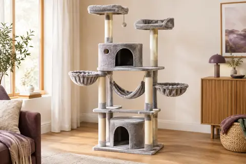 Arbre à chat gris clair à plusieurs niveaux avec niches, paniers, hamac et poteaux en sisal