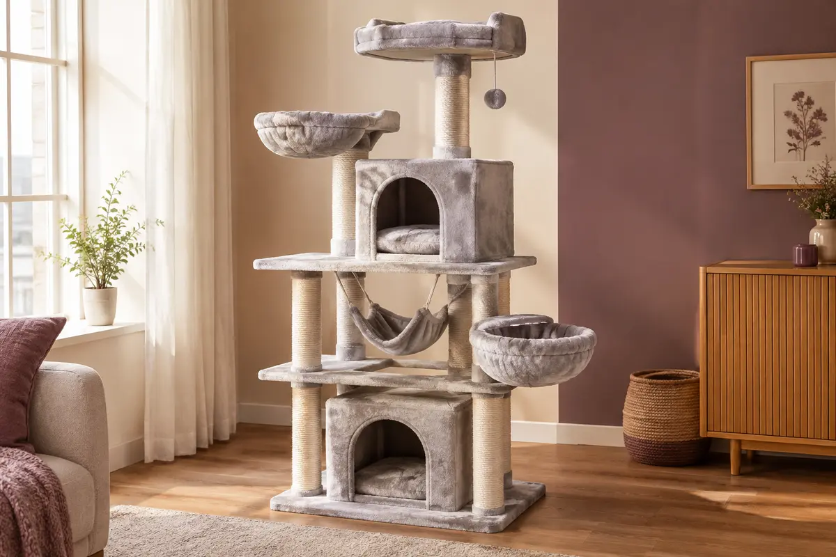 Arbre à chat gris clair à plusieurs niveaux avec niches, paniers ronds, hamac et poteaux en sisal naturel.
