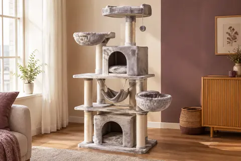Arbre à chat gris clair à plusieurs niveaux avec niches, paniers ronds, hamac et poteaux en sisal naturel.