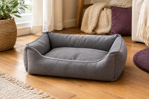 Lit panier rectangulaire gris en textile doux posé sur un sol en bois clair dans un intérieur chaleureux.