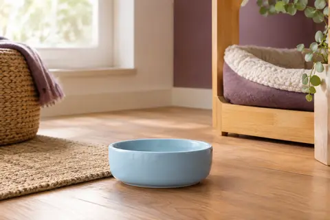 Bol rond en céramique bleu clair posé dans un coin repas chaleureux pour chat.