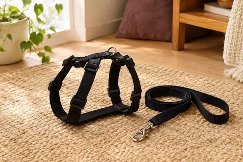 Harnais en H noir pour chat avec laisse et crochet métallique, posé sur un tapis en sisal