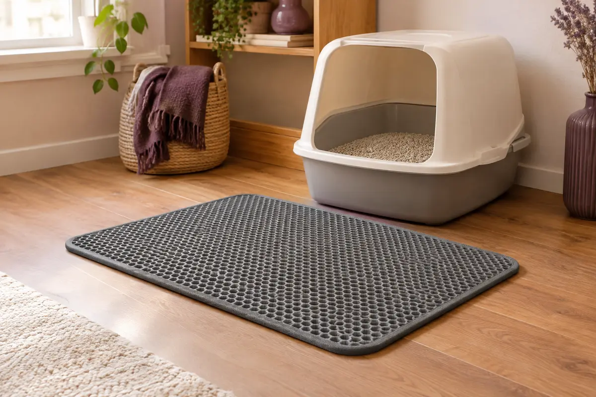 Tapis de litière gris à double couche posé devant un bac dans un intérieur lumineux aux tons bois.