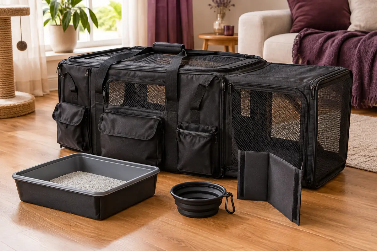 Sac de transport extensible noir pour chats, avec fenêtres en maille, poches et accessoires posés à côté