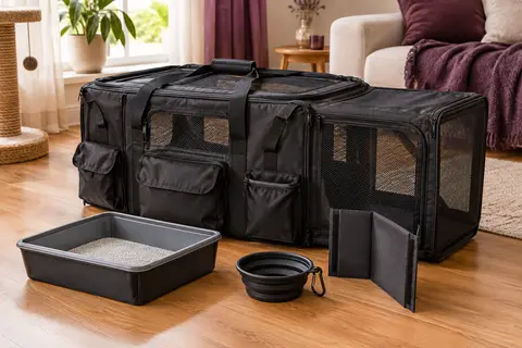 Sac de transport extensible noir pour chats, avec fenêtres en maille, poches et accessoires posés à côté