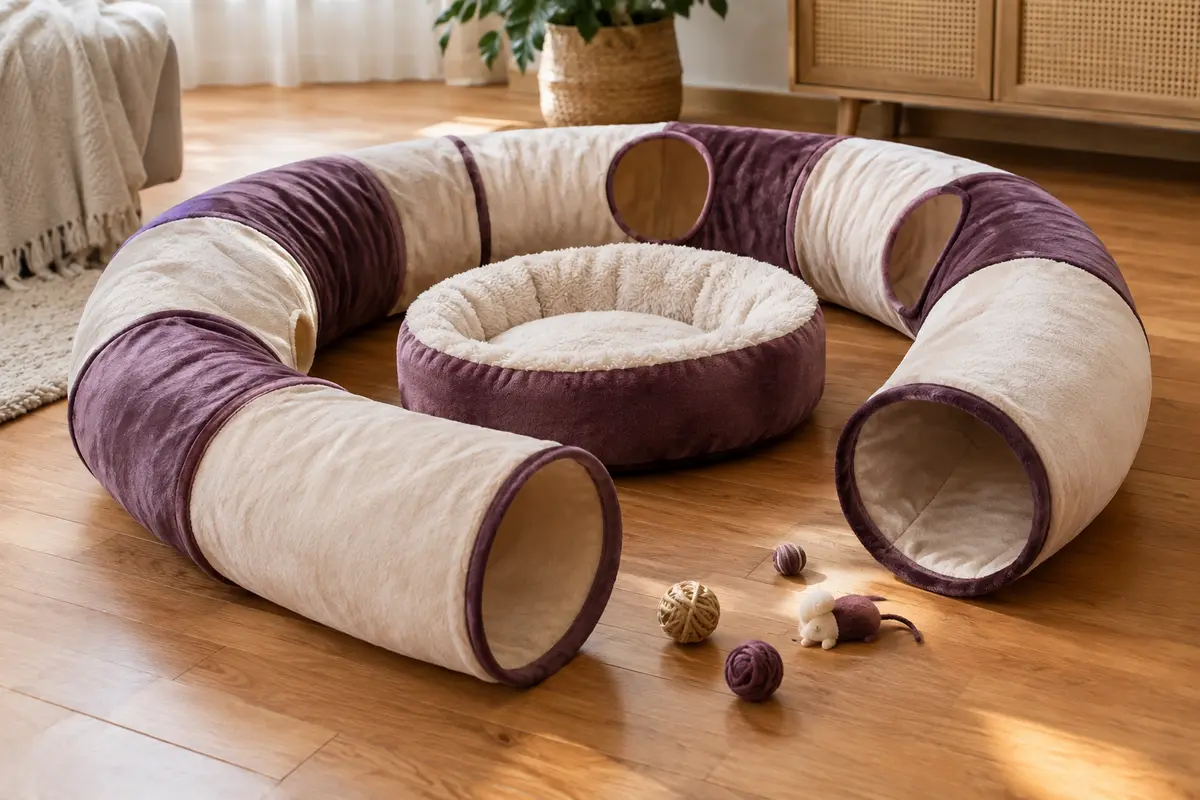 Tunnel circulaire en peluche pour chat avec lit amovible et jouets disposés dans un intérieur chaleureux