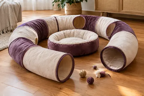 Tunnel circulaire en peluche pour chat avec lit amovible et jouets disposés dans un intérieur chaleureux