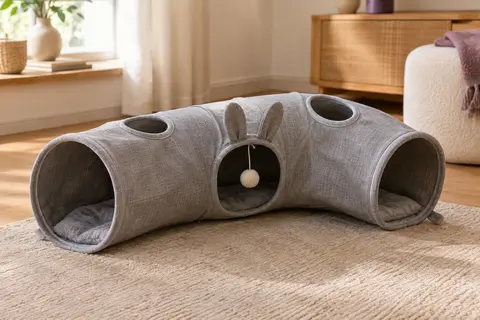 Tunnel-lit pliable en lin gris avec balle suspendue, plusieurs entrées et couchage amovible dans un intérieur chaleureux.