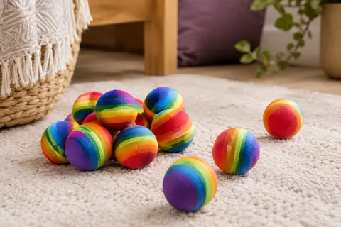 Lot de petites balles pour chat en mousse EVA aux couleurs arc-en-ciel posé sur un tapis crème.