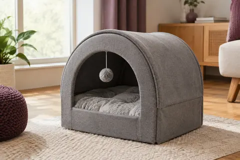 Niche grise pliable pour chat avec ouverture en arche, coussin intérieur et pompon suspendu