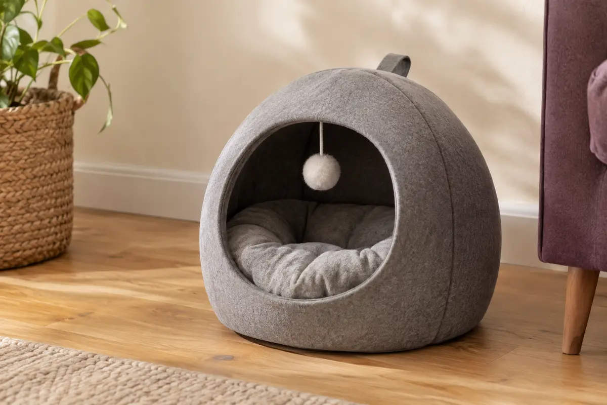 Lit fermé gris pour chat avec coussin rembourré et balle suspendue, posé dans un intérieur chaleureux.