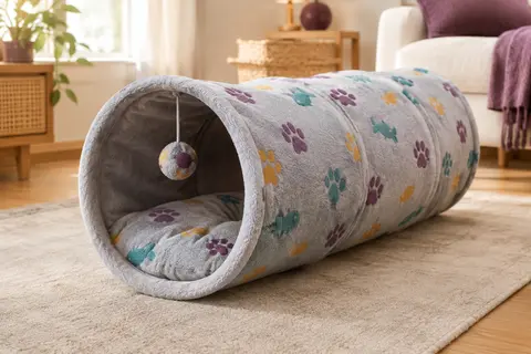 Tunnel rond CozyMeow en polaire gris perle, avec coussin et balle suspendue dans un intérieur chaleureux.