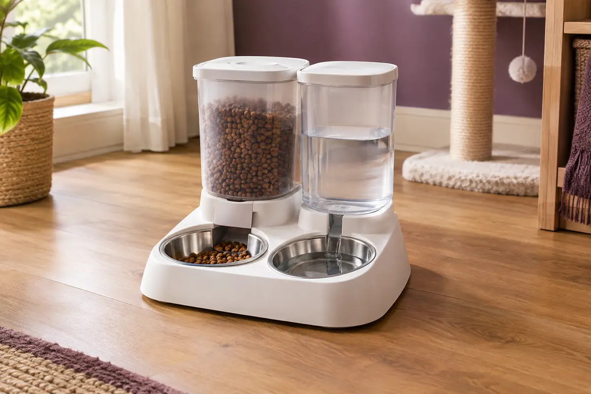 Distributeur automatique blanc pour chat avec réserve d’eau par gravité et deux bols en acier inoxydable