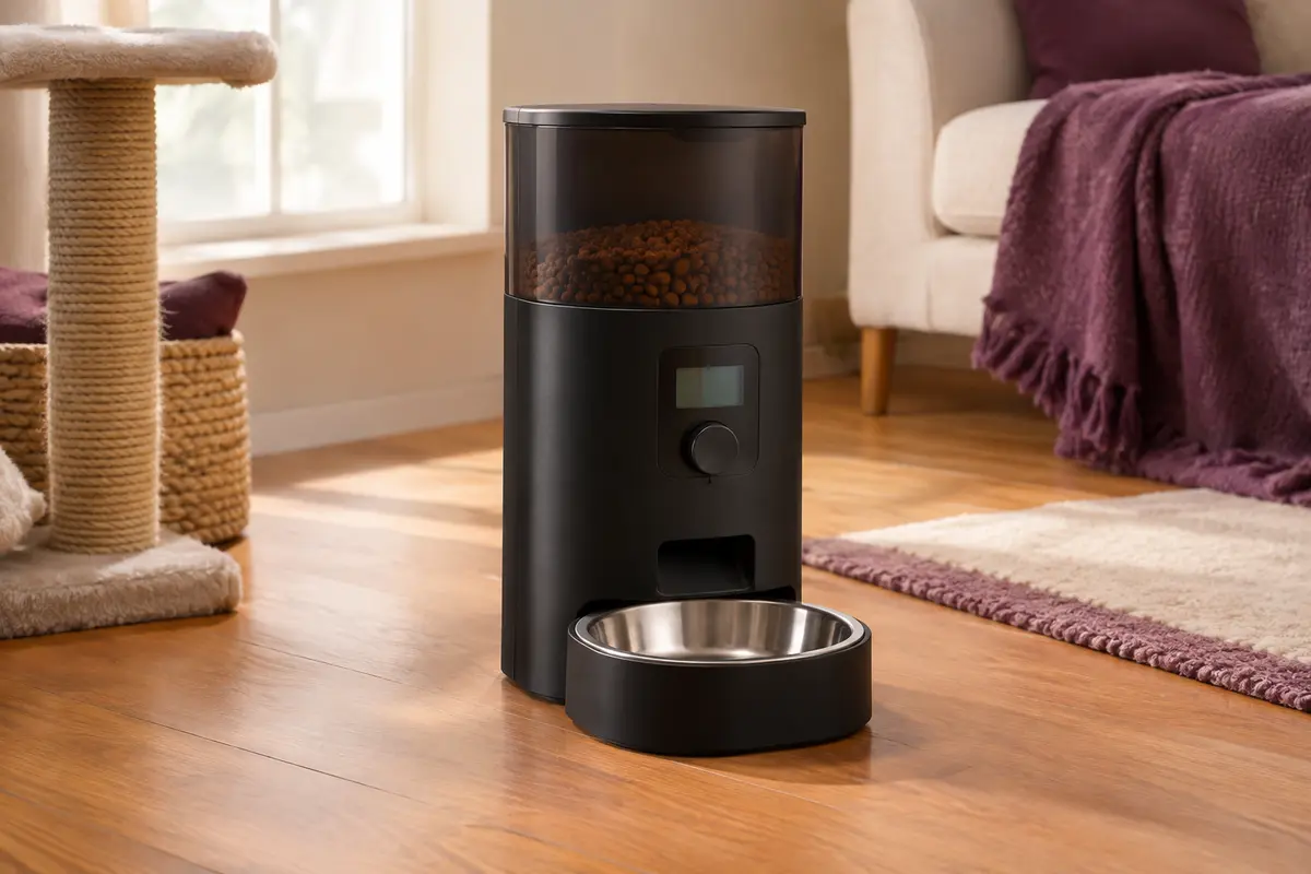 Distributeur automatique noir pour chat avec écran LCD et bol en acier inoxydable, posé dans un intérieur chaleureux.