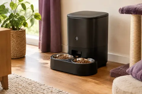 Distributeur automatique noir avec deux bols en acier inoxydable posé dans un intérieur chaleureux.