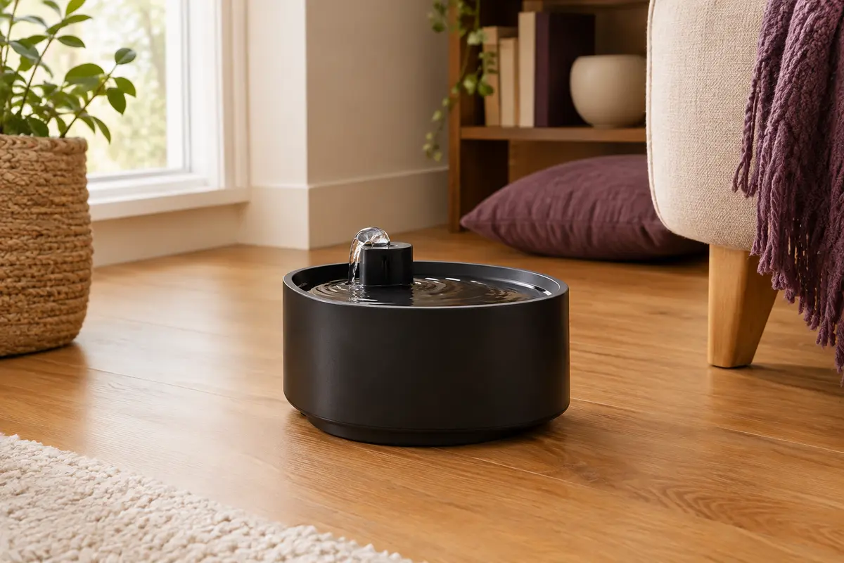 Fontaine à eau noire sans fil de 2,2 L posée dans un intérieur chaleureux aux tons crème et bois miel
