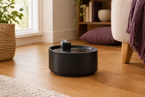 Fontaine à eau noire sans fil de 2,2 L posée dans un intérieur chaleureux aux tons crème et bois miel