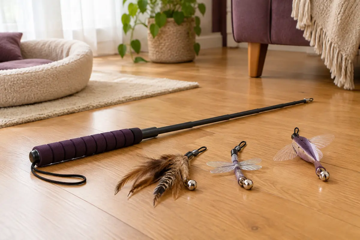 Canne à pêche télescopique pour chat avec poignée rembourrée et trois accessoires à grelots