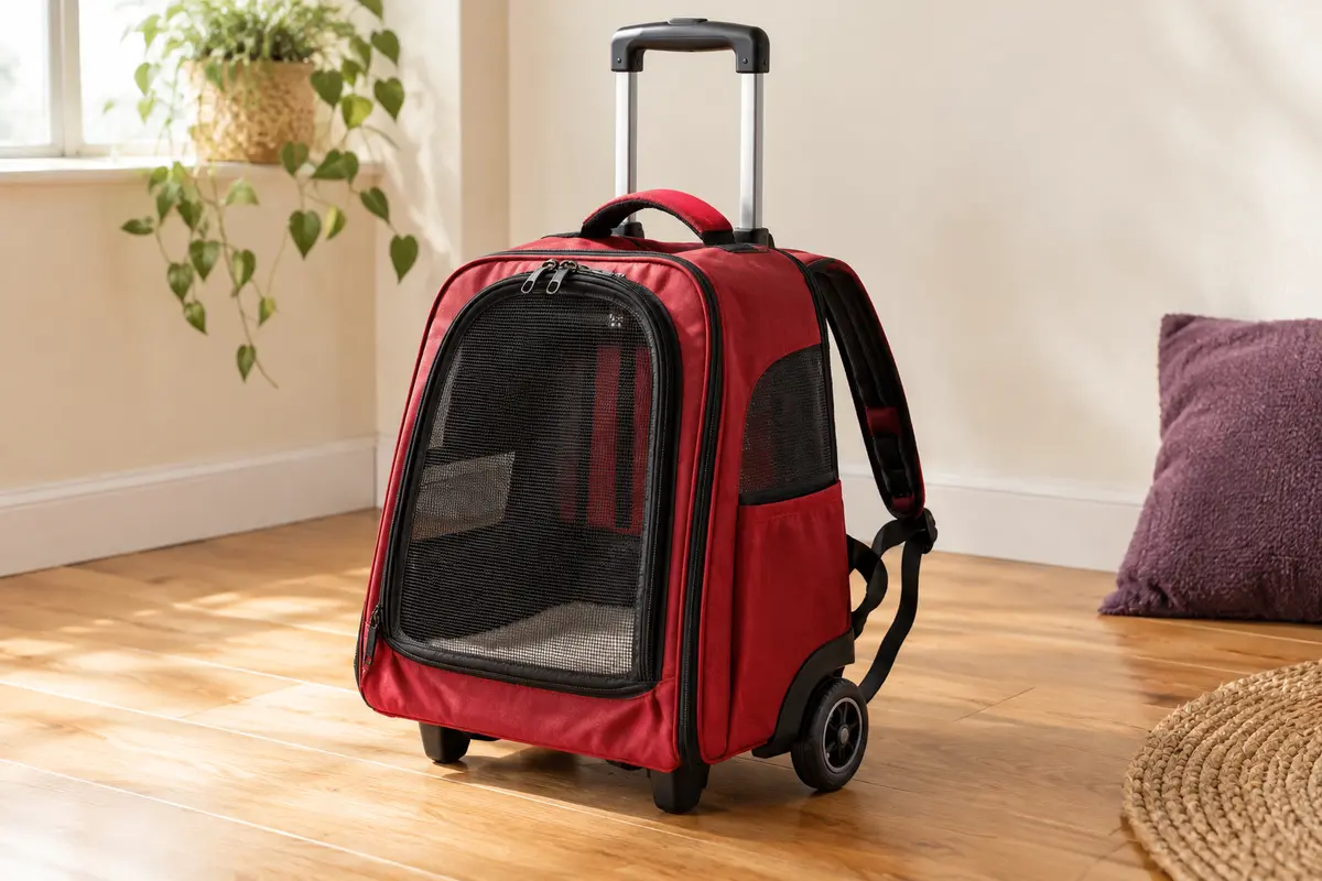 Sac de transport PawHut rouge convertible en trolley et sac à dos, avec panneaux en maille et roues