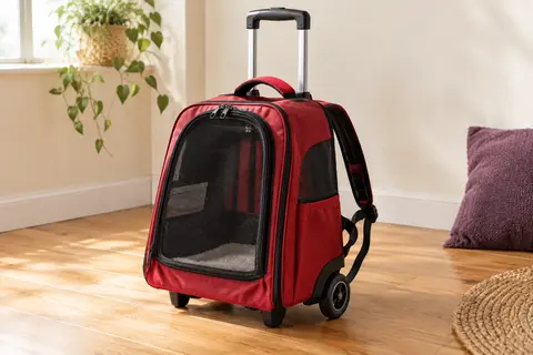 Sac de transport PawHut rouge convertible en trolley et sac à dos, avec panneaux en maille et roues