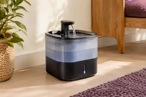 Fontaine à eau noire PawPoll avec réservoir translucide et LED, posée dans un intérieur lumineux aux tons naturels.