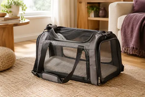 Sac de transport pliable pour chat avec panneaux en maille et bandoulière, posé dans un intérieur chaleureux.
