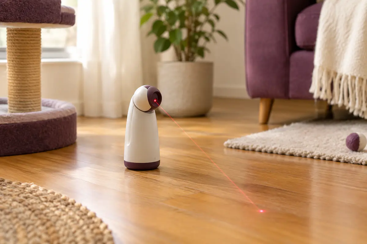 Jouet laser automatique en plastique posé sur un sol en bois, tête orientée vers une zone de jeu dégagée