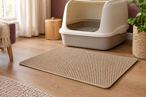 Tapis de litière beige alvéolé placé devant un bac dans un intérieur aux tons naturels.