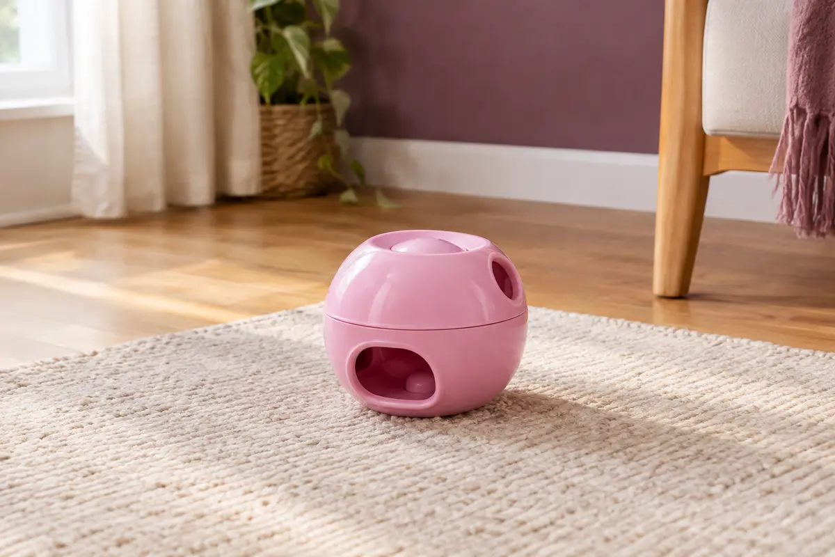 Distributeur interactif rose pour chat posé sur un tapis crème dans un intérieur chaleureux aux tons bois.