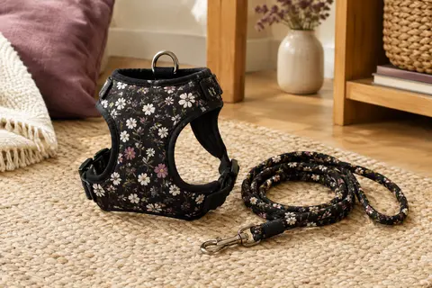 Harnais noir à motif floral pour chat, réglable, accompagné d’une laisse en corde avec mousqueton rotatif.