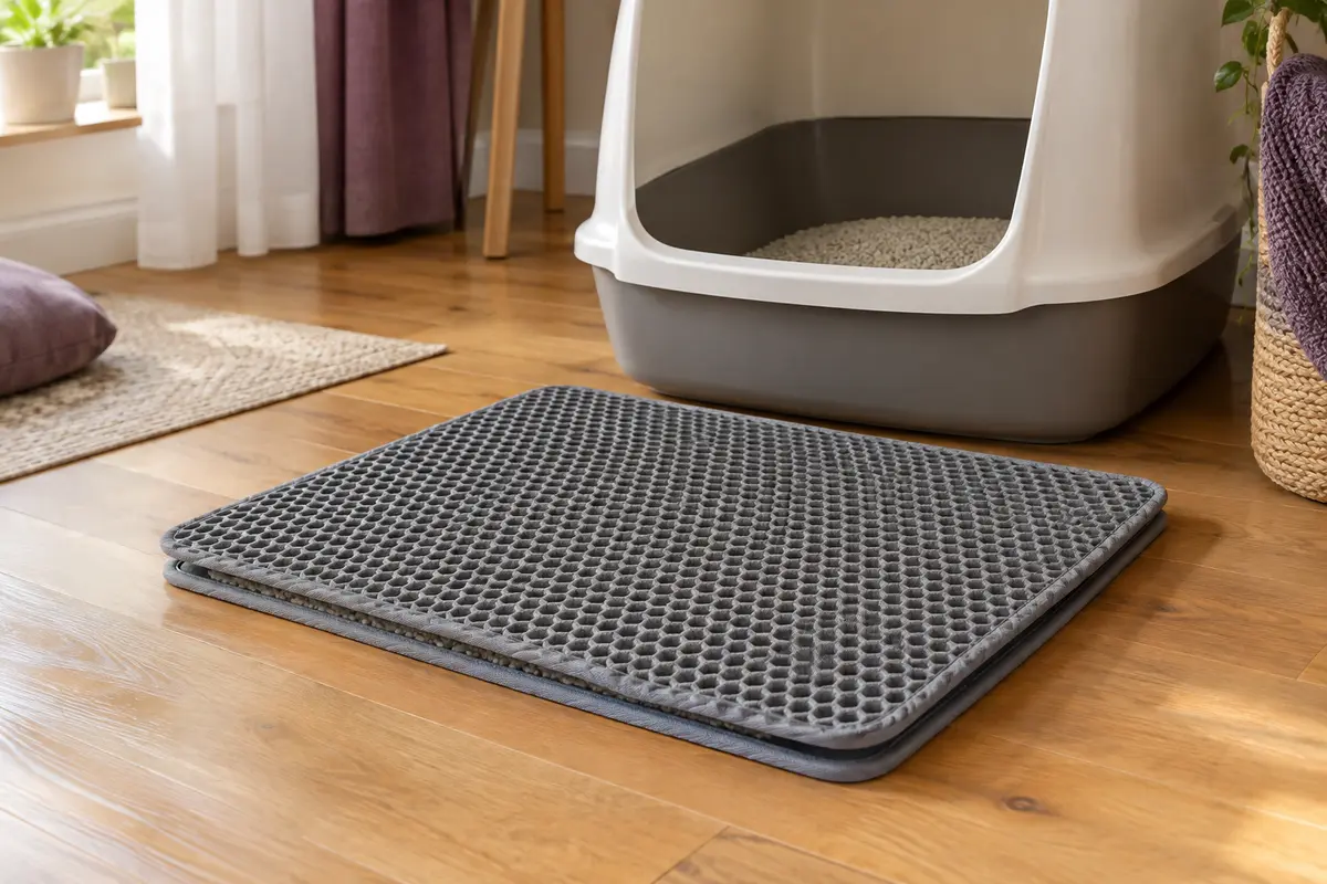 Tapis de litière gris à double couche alvéolée placé devant un bac sur un sol en bois