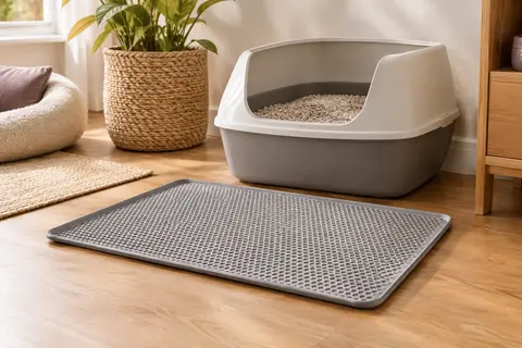 Tapis de litière en silicone gris clair posé devant un bac, dans un intérieur lumineux aux tons naturels.