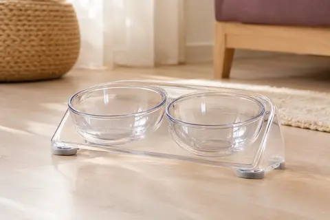 Gamelle double transparente pour chat, inclinée et posée sur une base surélevée antidérapante.