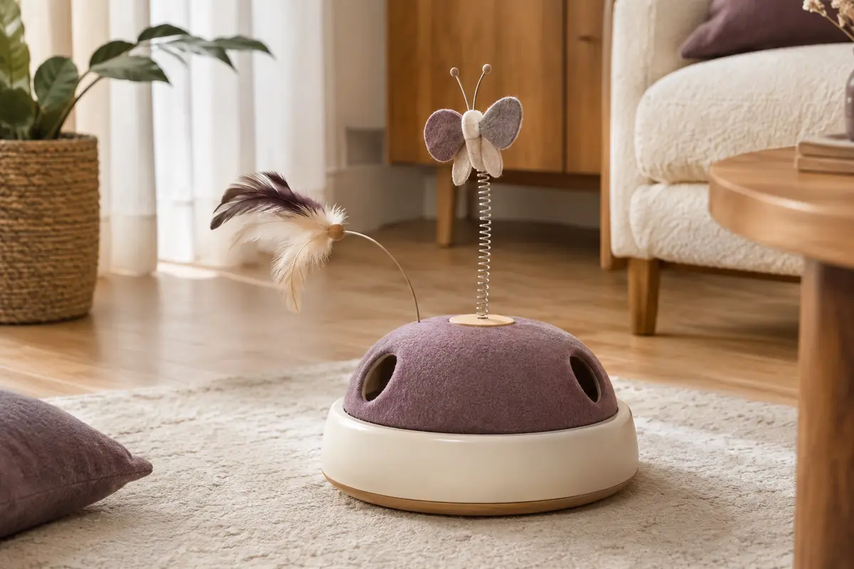 Jouet interactif rond pour chat avec housse amovible, papillon mobile et plume dans un intérieur chaleureux