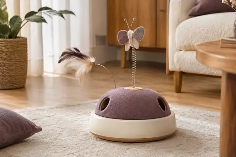 Jouet interactif rond pour chat avec housse amovible, papillon mobile et plume dans un intérieur chaleureux