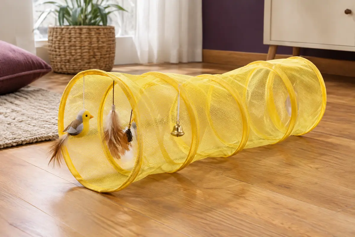 Tunnel spirale jaune pour chat en nylon, avec oiseau, plumes et clochette, posé dans un intérieur chaleureux.