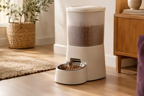Distributeur automatique de croquettes beige avec réservoir et bol en acier inoxydable, dans un intérieur chaleureux.