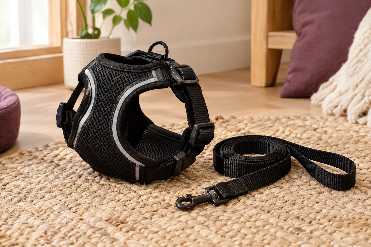 Harnais-gilet noir pour chat en maille, avec sangles réglables, bandes réfléchissantes et laisse assortie.