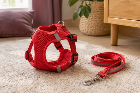 Harnais pour chat rouge en maille avec bandes réfléchissantes et laisse, posé sur un tapis crème.