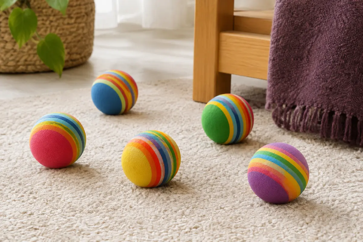 Petites balles rondes en mousse souple à rayures multicolores disposées sur un tapis clair