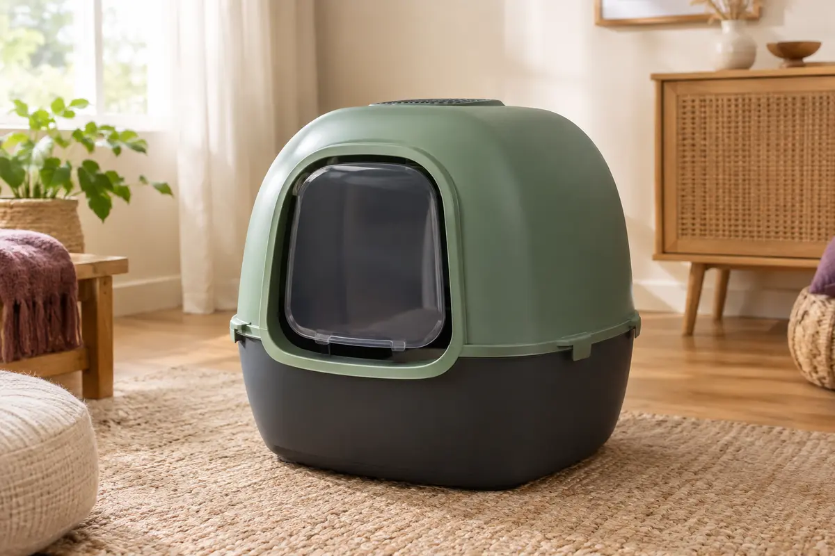 Maison de toilette pour chat vert et anthracite avec capot fermé et porte frontale aimantée