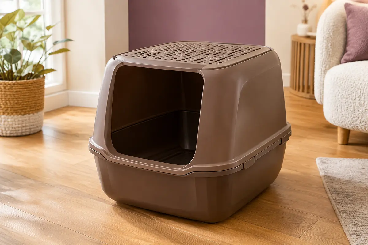 Bac à litière brun à entrée par le haut, couvercle perforé et côtés hauts, posé dans un intérieur chaleureux.