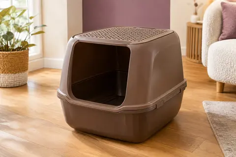 Bac à litière brun à entrée par le haut, couvercle perforé et côtés hauts, posé dans un intérieur chaleureux.