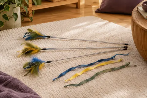 Trois baguettes à plumes colorées pour chat avec leurs rubans de rechange, posées sur un tapis clair