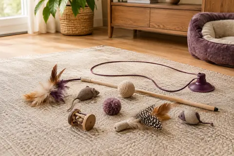 Ensemble de jouets interactifs pour chat avec canne, corde élastique, ventouse et accessoires variés