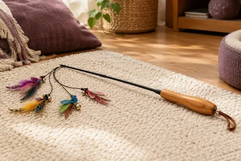 Canne à pêche rétractable pour chat avec poignée en bois et petits leurres à plumes multicolores